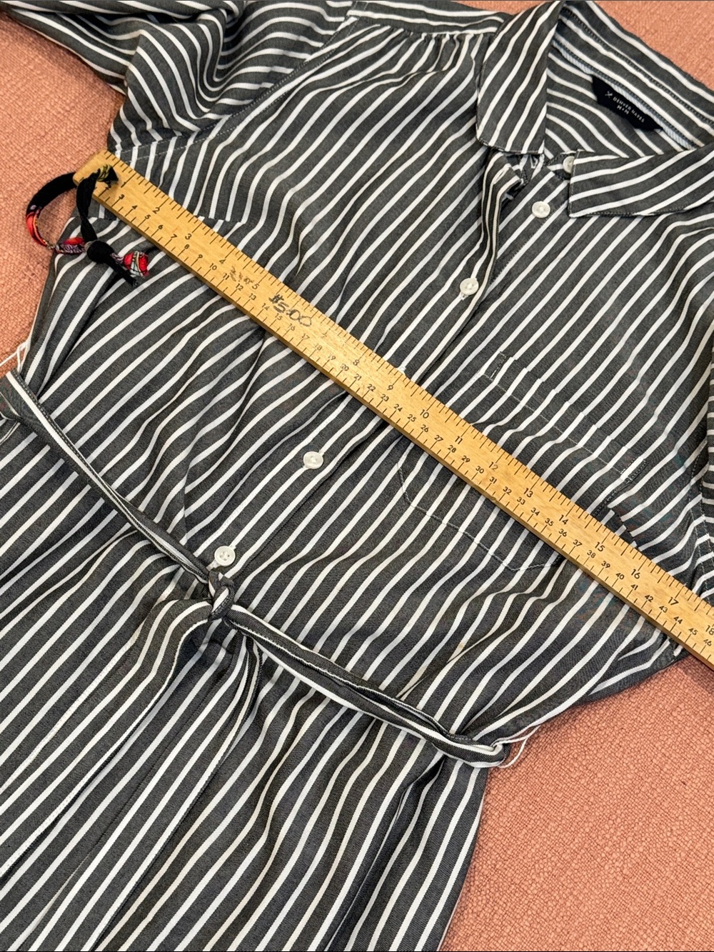 Black White Striped Shirt Dress - midi with fabric belt - Picture 6 of 16